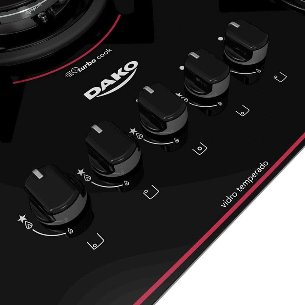 Cooktop Dako 5 Bocas Glass Turbo Cook com Mesa de Vidro e Tripla Chama