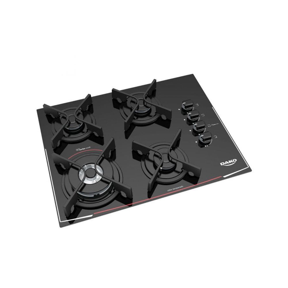 Cooktop Dako 4 Bocas Glass Turbo Cook com Mesa de Vidro e Tripla Chama Preto Bivolt