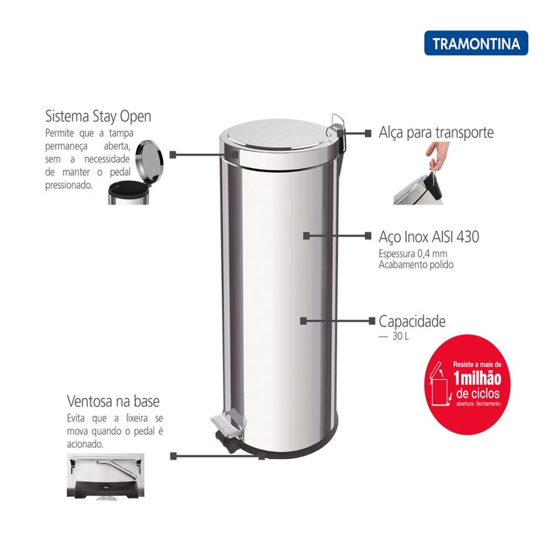 LixeiracomPedalTramontinaBrasil30LitroscomBaldeInternoRemoviveleAcabamentoInoxPolido
