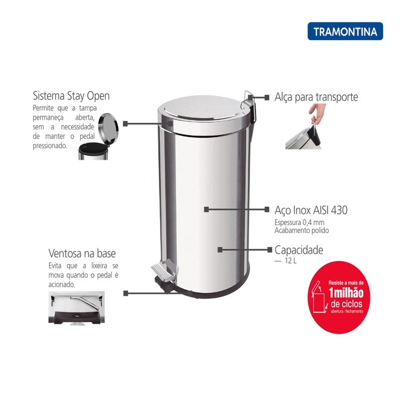 LixeiracomPedalTramontinaBrasil12LitroscomBaldeInternoRemoviveleAcabamentoInoxPolido