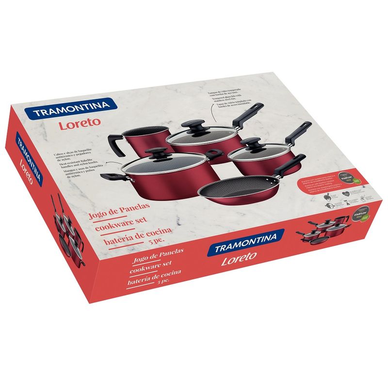JogodePanelasTramontina5PecasLoretoemAluminiocomRevestimentoAntiaderenteStarflonMaxcomCaboseAlcasVermelho