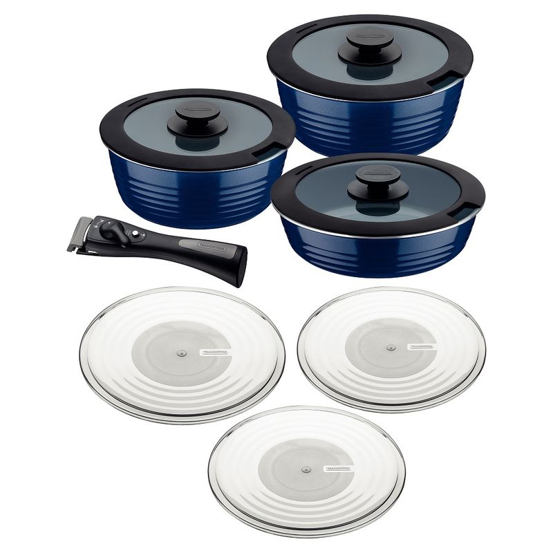 JogodePanelasTramontinaMultiuso10PecasItriaemAluminiocomRevestimentoCeramicoeCaboRemovivelAzul