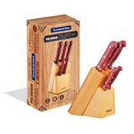 JogodeFacasTramontina6PecasPolywoodcomLaminasemAcoInoxeCabosdeMadeiraVermelhocomSuportedeMadeira