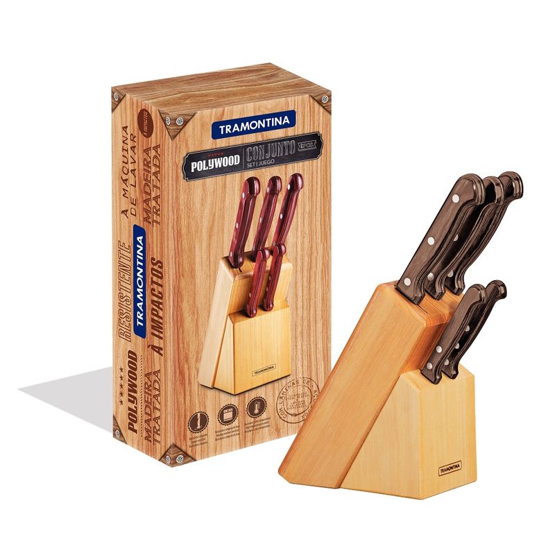 JogodeFacasTramontina6PecasPolywoodcomLaminasemAcoInoxeCabosdeMadeiraCastanhocomSuportedeMadeira