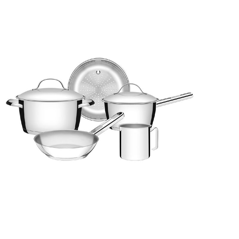 JogodePanelasTramontinaAllegra5PecasemAcoInoxcomFundoTriploeTampasdeInox