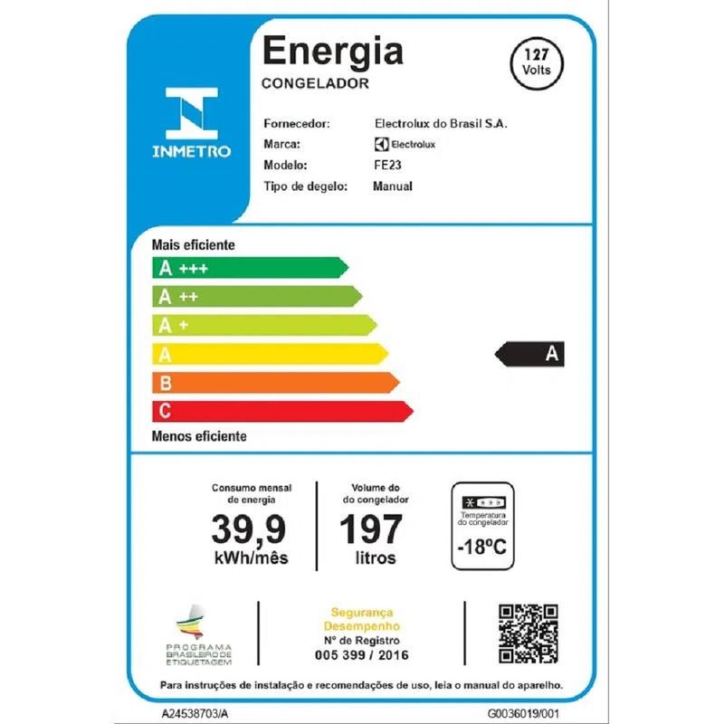 FreezerVerticalElectrolux197LitrosCycleDefrostUmaPortaBrancoFE23–127Volts
