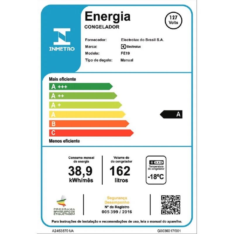Selo-do-Inmetro-do-Freezer-Vertical-Electrolux-162L-Cycle-Defrost-FE19-220V