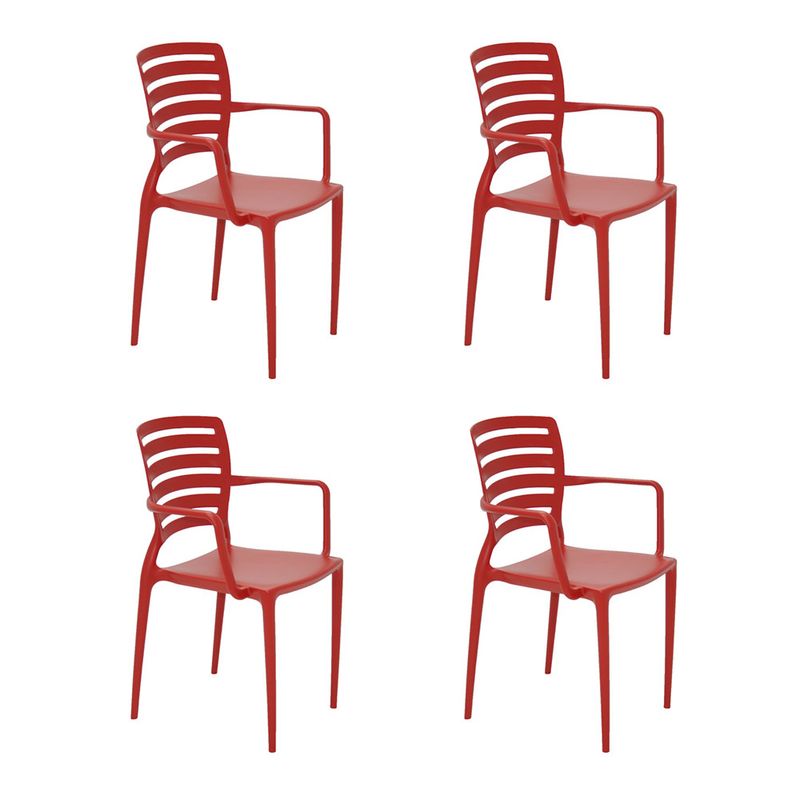 Conjuntode4CadeirasPlasticasTramontinaSofiacomEncostoHorizontaleBracosemPolipropilenoeFibradeVidroVermelho