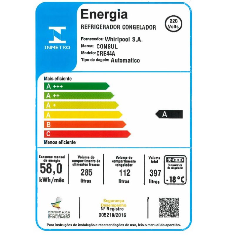 RefrigeradorConsulFrostFreeDuplex397LitroscomFreezerEmbaixoBrancaCRE44AB–220Volts