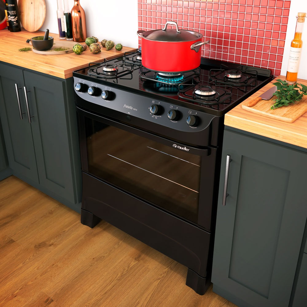 Fogao-de-Piso-Mueller-5-Bocas-Fratello-Vetro-com-Mesa-de-Vidro-Preto---Bivolt