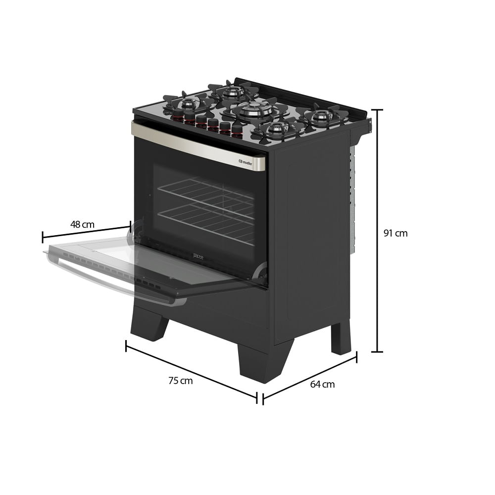 Fogao-Mueller-5-Bocas-Piacere-Vetro-Preto-Fosco-–-Bivolt