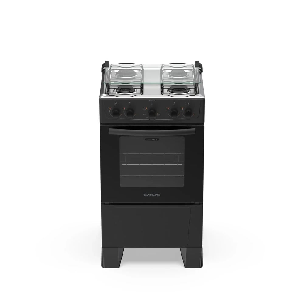 Fogão de Piso Atlas 4 Bocas com Mesa Inox Milão Preto